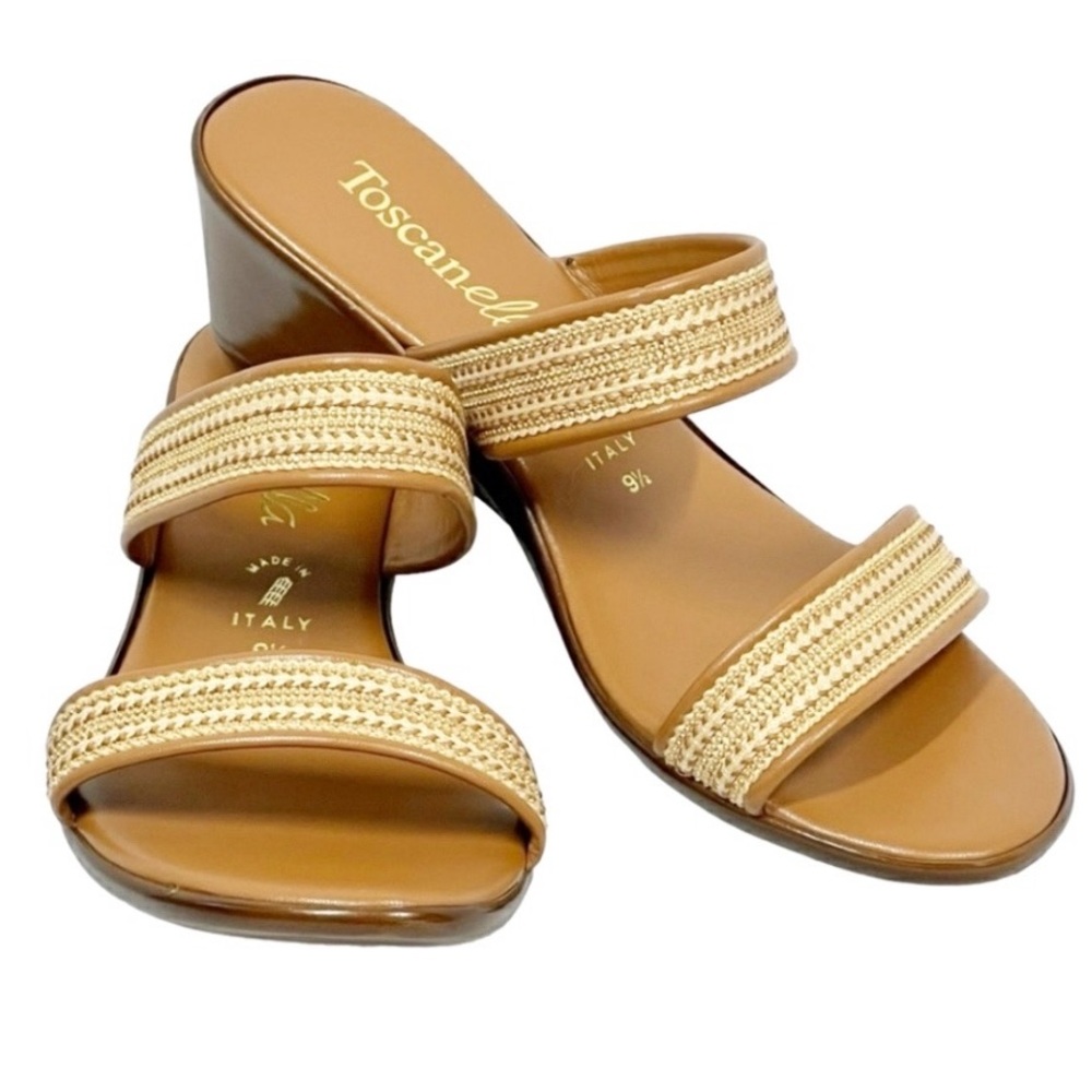 Toscannella Tan Woven Wedge Slide Sandals Women’s Size 9.5 Made in Italy